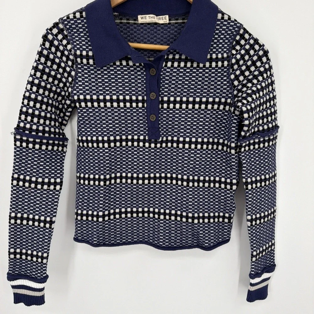 Free People we the free Level Up Top Polo Sz S Navy Combo Fitted Textured Knit
